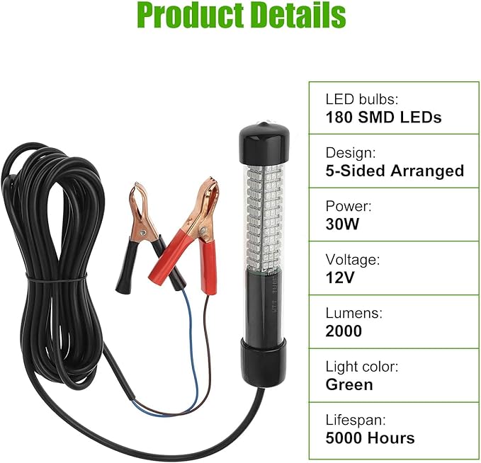 Linkstyle 12V Submersible Fishing Light, 2000LM Underwater Green Fish Attractants Lamp with 5M Cord for Boat Night Fishing