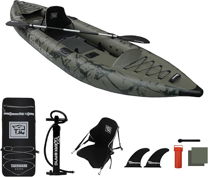 TIGERXBANG Inflatable Kayak with Detachable Seat,12.6'x40''x10.6''SUP-Kayak Set (Hand Pump/Aluminium Paddle/Backpack/and Multi-Functional Base),Adult/Kid Kayak Boat for Fishing ，Touring