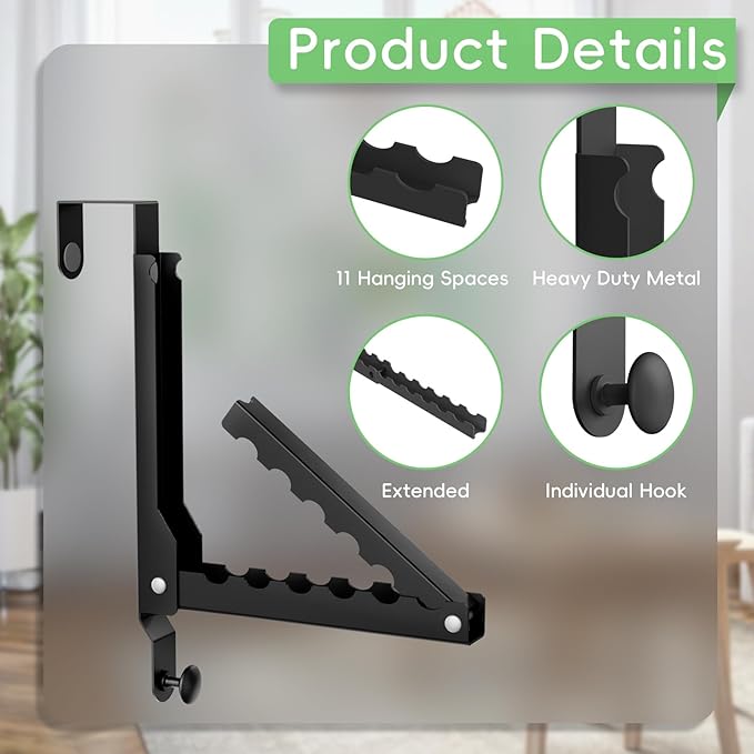 Over The Door Hooks, Extended Over The Door Clothes Hanger with 11 Ridges,Space-Saving Over The Door Rack,Door Hooks for Hanging Clothes,Larger Capacity Over The Door Hanger (1, Black(Update))
