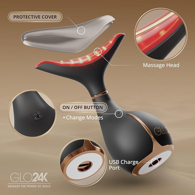 GLO24K レッドライト フェイス＆ネック美容機器 – LEDと振動による肌の活性化と首の引き締めを叶える3-in-1フェイシャルマッサージャー