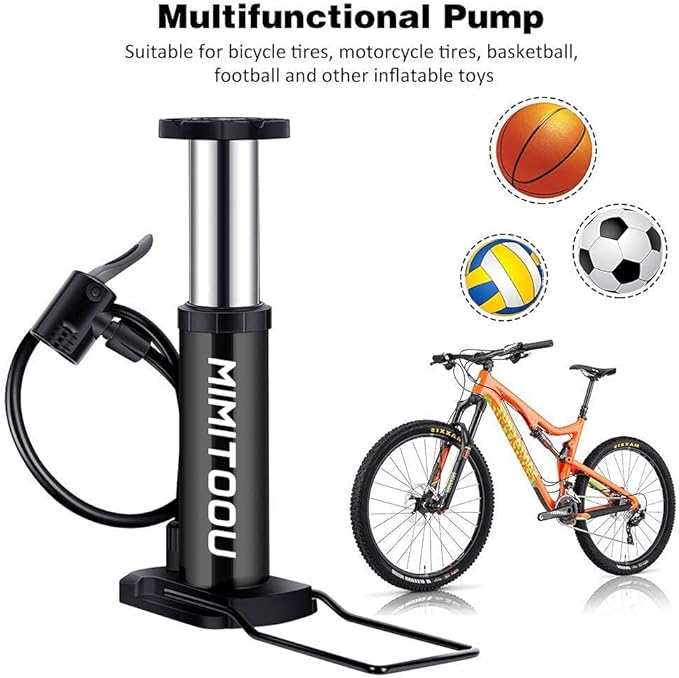 Bike Pump, Mini Bicycle Pump Portable Bike Floor Pump with Presta and Schrader Valves Aluminum Alloy Floor Bicycle Air Pump Compact Mini Bike Tire Pump, Extra Valve and Gas Needle for All Bike