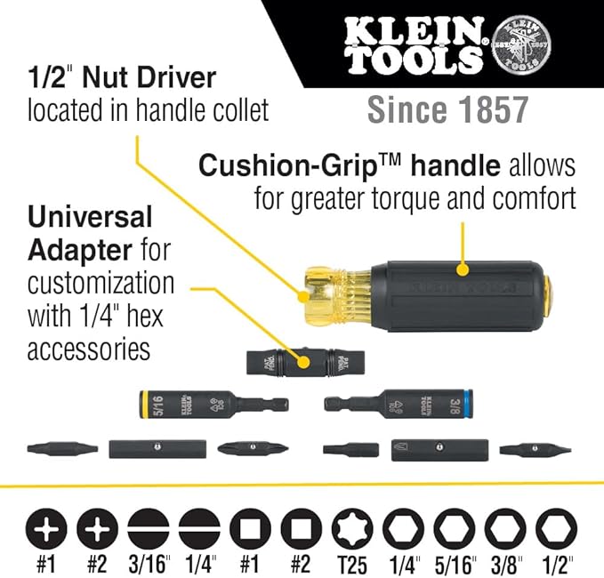 Klein Tools 32500HD KNECT Multi-Bit Screwdriver/Nut Driver, Impact Rated 11-in-1 Tool with Phillips, Slotted, Square and Torx Tips