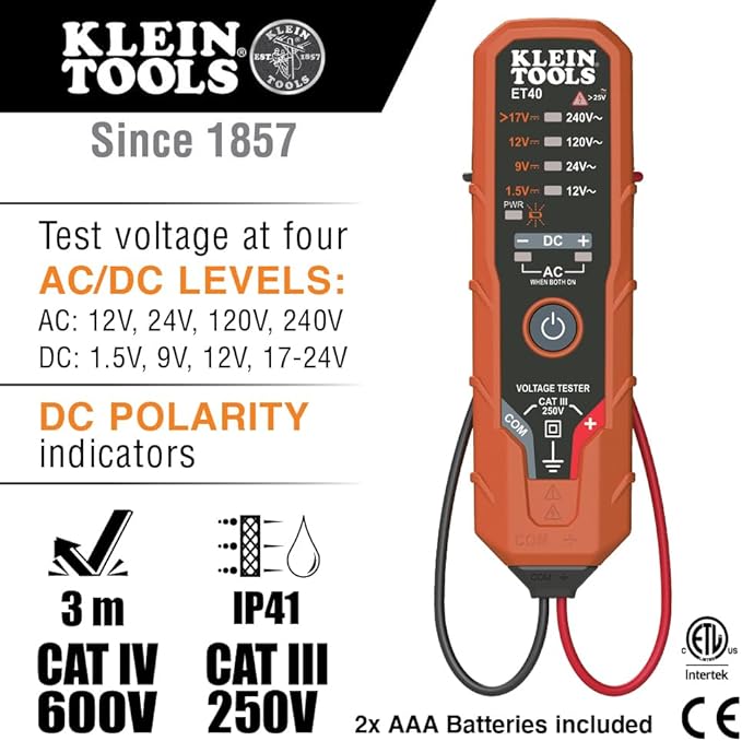 Electrical Tester Kit with AC/DC Voltage Tester, Receptacle Tester and 5-in-1 Screwdriver/Nut Driver, 3-Piece