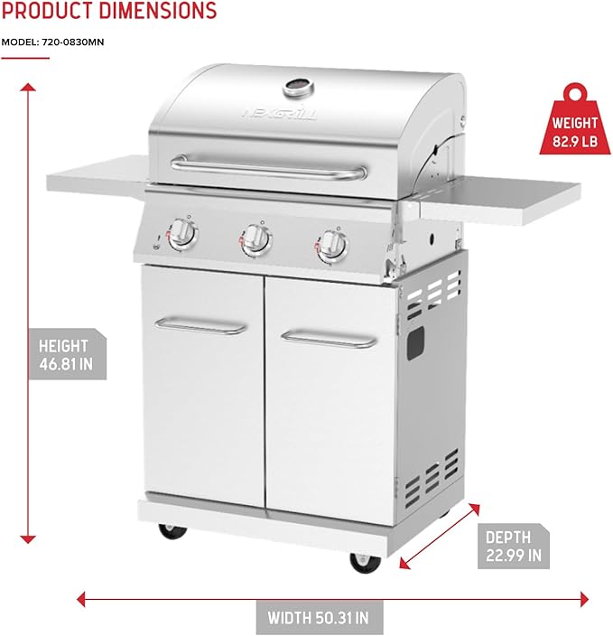 Nexgrill ステンレス製 3バーナー プロパンガスグリル 折りたたみ式サイドシェルフ付き、40,500BTUS、調理面積591.05平方インチ、屋外調理、グリル、バーベキュー、裏庭、テールゲーティングに最適、720-0830MN
