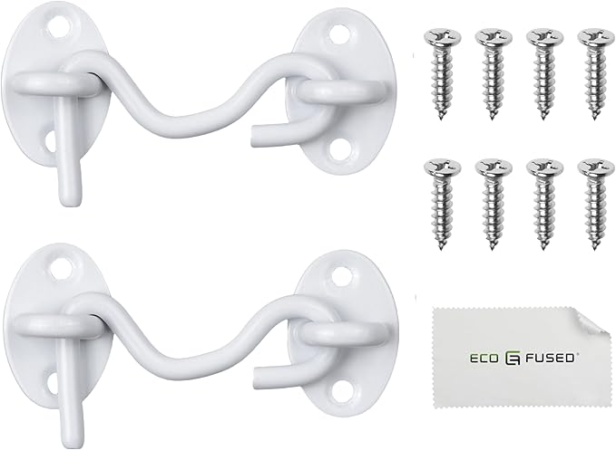 Eco-Fused 3-inch Heavy Duty Hook and Eye Latch - 2X Barn Door Lock (White), 8X Mounting Screws - Powder Coated Stainless Steel Hooks for Door, Windows, Sheds, Fences, Gates, Closets, Cabinets