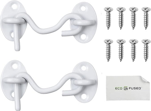 Eco-Fused 3-inch Heavy Duty Hook and Eye Latch - 2X Barn Door Lock (White), 8X Mounting Screws - Powder Coated Stainless Steel Hooks for Door, Windows, Sheds, Fences, Gates, Closets, Cabinets