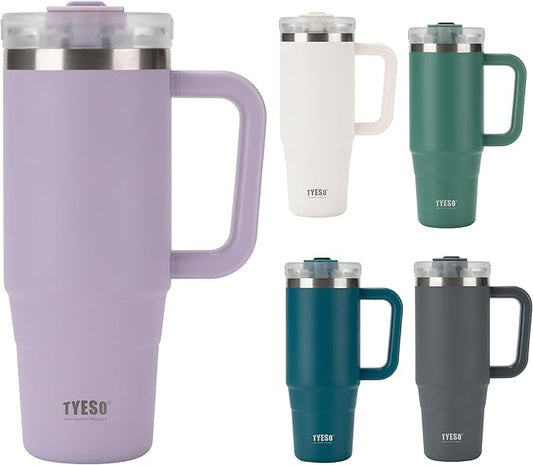 TYESO Vacuum Insulated Tumbler Water Bottle Cold Insulation Stainless Steel Bottle Straw Handle Mug Double Wall Wide Mouth (PURPLR, 40 oz)