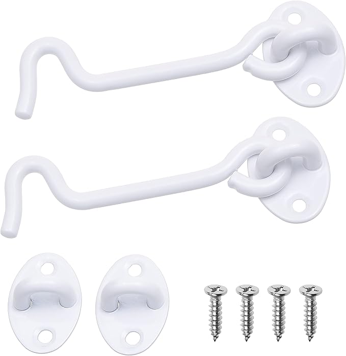 Eco-Fused 4-inch Heavy Duty Hook and Eye Latch - 2X Barn Door Lock (White), 8X Mounting Screws - Powder Coated Stainless Steel Hooks for Door, Windows, Sheds, Fences, Gates, Closets, Cabinets