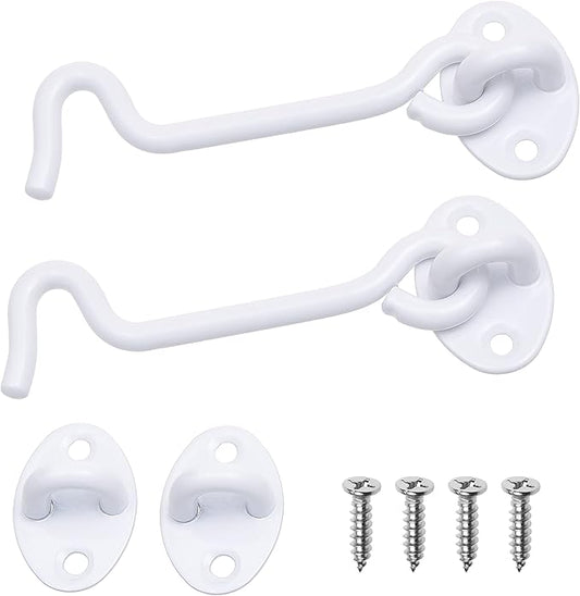 Eco-Fused 4-inch Heavy Duty Hook and Eye Latch - 2X Barn Door Lock (White), 8X Mounting Screws - Powder Coated Stainless Steel Hooks for Door, Windows, Sheds, Fences, Gates, Closets, Cabinets