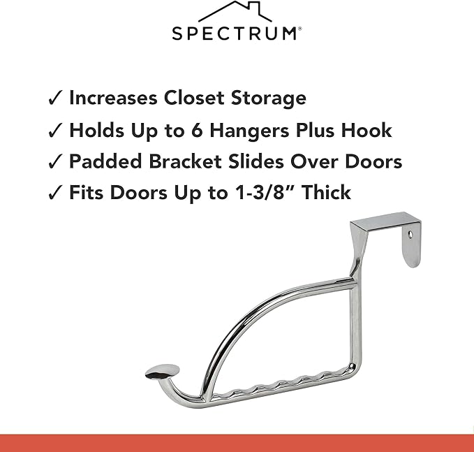 Spectrum Stratford Chrome Over The Door Hook Valet for Hanging Clothes Towels Robes, Easy Hang Sturdy Steel Door Hanger for Closet Bedroom Bathroom Laundry Room Door, Fits Doors Up to 1.3” Thick