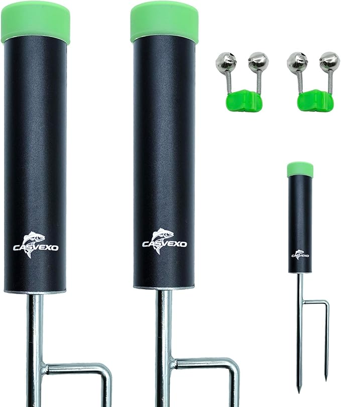 釣り竿ホルダー、2パックアルミニウム製釣り竿ホルダー（地面用）、岸釣り用ロッドホルダー、ダブルスパイクサポート、無料アラームベル2個付き