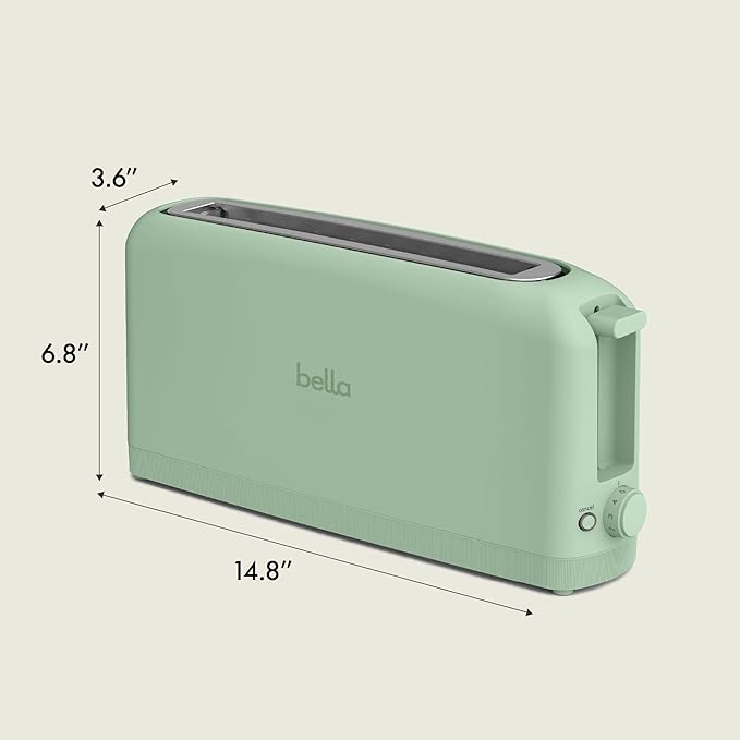 bella 2スライス スリムトースター、どんな場所にもフィットする™キッチンウェア、6段階焼き色調節、再加熱＆キャンセルボタン、サワードウ対応、10インチロングスロット、パン詰まり防止＆自動電源オフ、900W、シーグラス