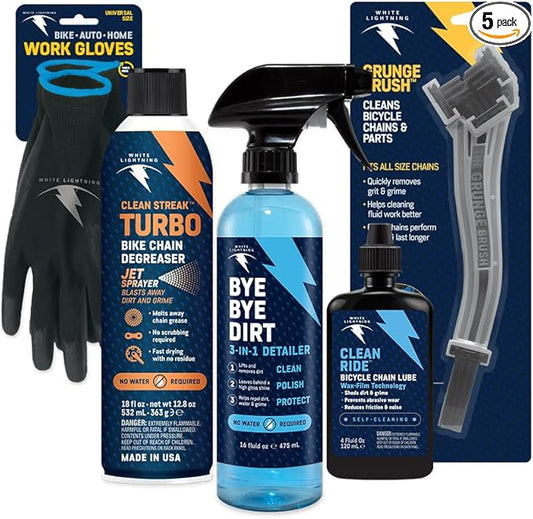 White Lightning Complete Bike Cleaning Kit – At-Home Bicycle Maintenance System with Clean Ride Self-Cleaning Wax Lube, Clean Streak Degreaser, & Bye Bye Dirt 3-in-1 Detailer for Frames & Drivetrains