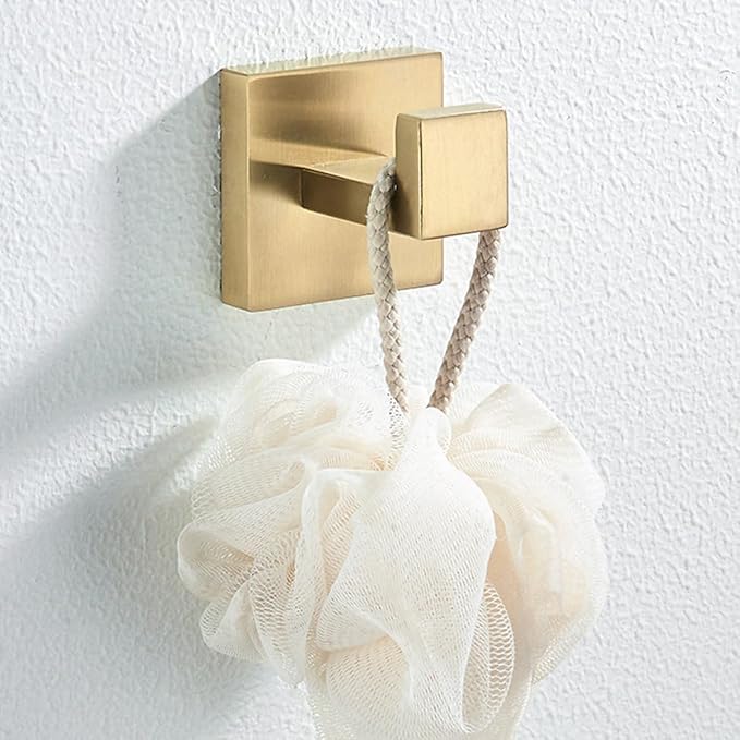 Nolimas Towel Hook Stainless Steel Bathroom Rustproof Clothes Towel Coat Hook Wall Mounted Square Toilet Kitchen, Heavy Duty Door Hanger, 1 Pack, Brushed Gold