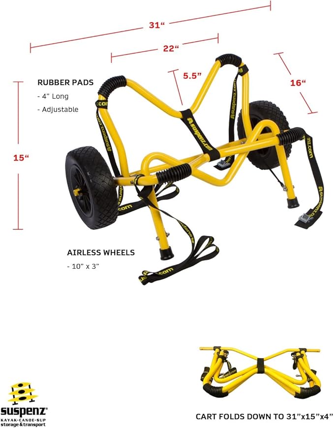 Suspenz Kayak Trailer Cart, Heavy Duty Deep-V Trolley Carrier with Airless Wheels for Kayaks and Canoes, Yellow (22-6700)