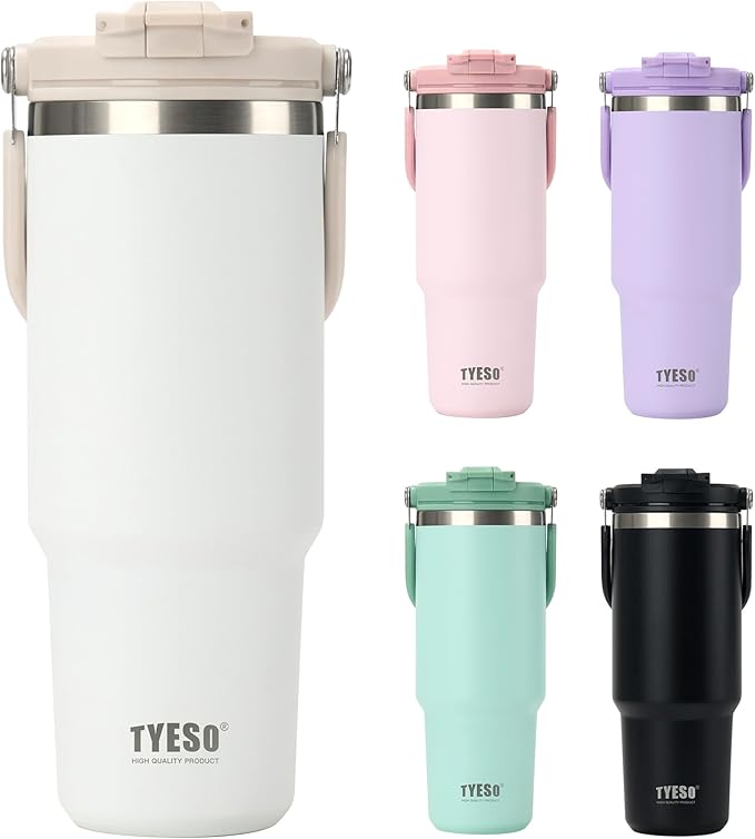 TYESO Tumbler with Flip Straw & Sip Lid, Vacuum Insulated Water Bottle, Double Wall Stainless Steel Coffee Cup Travel Mug Leak Proof (WHITE, 30 OZ)