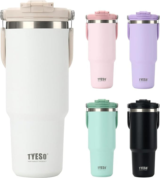 TYESO Tumbler with Flip Straw & Sip Lid, Vacuum Insulated Water Bottle, Double Wall Stainless Steel Coffee Cup Travel Mug Leak Proof (WHITE, 30 OZ)