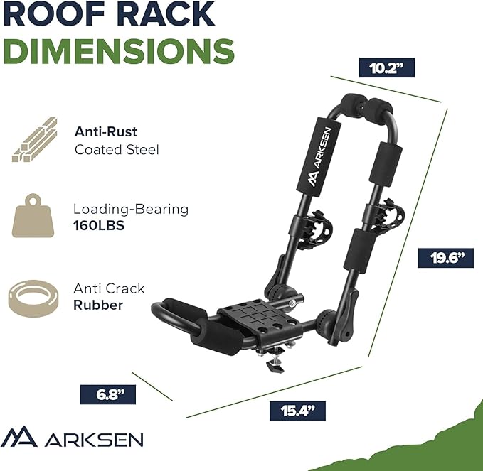 ARKSEN 2 Pair Universal Folding Kayak Roof Rack with 4 Lashing Strap, 4 Stern Tie Down Straps, 4 Anchor Straps, Heavy-Duty Adjustable J-Bar Kayak Carrier for Car, SUV, and Truck
