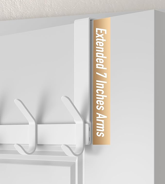 KitchLife Over The Door Hooks with 7" Extended Arms, Fits 1-3/4" Doors, J18U, Heavy Duty Bathroom & Closet Towel Rack, Double-Hooks Hanger 1 Pack, Glossy White