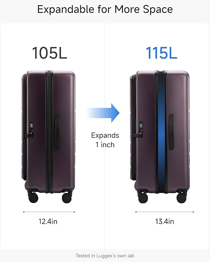 LUGGEX スピナーホイール付きチェック用スーツケース、FLO5 拡張可能ポリカーボネート製ハードシェル TSAロック付き (FX-Core、パープル、28インチ)