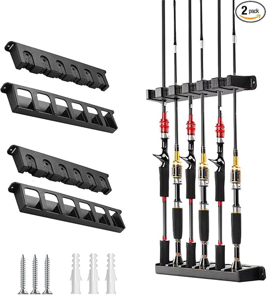 2 Packs Fishing Rod Holder for Garage Vertical Wall-Mounted Stores 12 Rods or Combos Fits Most Rod Diameters (Vertical Black, 2 Pair 12 Rods)