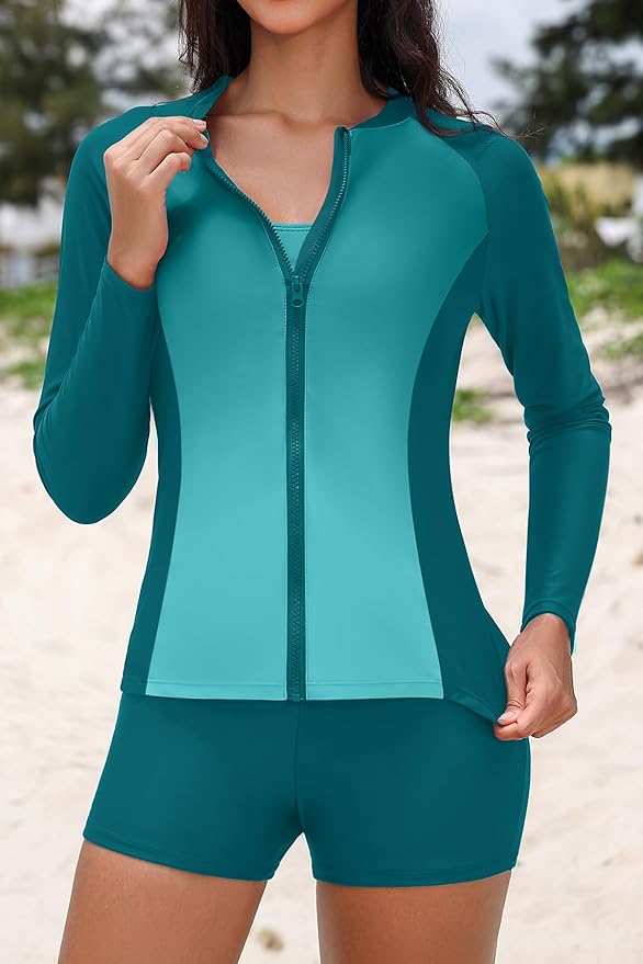 Holipick Long Sleeve Swimsuits for Women - 3 Piece Rash Guard with Shorts Zipper SPF Swim Shirt with Built in Bra