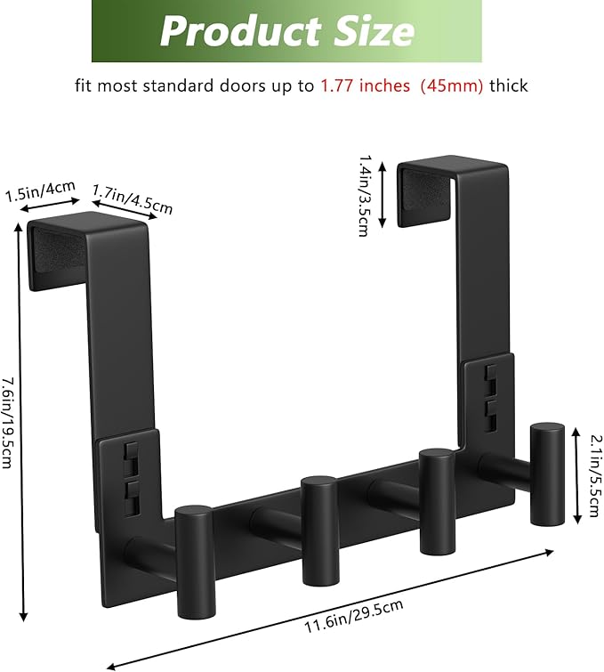 Stainless Steel Over Door Hooks, Over Door Hanger Holder for Robe Cloths, Heavy Duty Towel Hooks, Coat Rack, Doors Organizer for Bathroom, Bedroom, Locker Room & Closet (1 Pack, Black-4 Hooks)