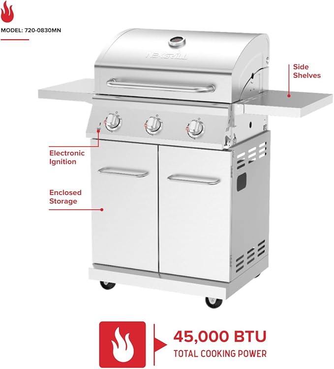 Nexgrill ステンレス製 3バーナー プロパンガスグリル 折りたたみ式サイドシェルフ付き、40,500BTUS、調理面積591.05平方インチ、屋外調理、グリル、バーベキュー、裏庭、テールゲーティングに最適、720-0830MN
