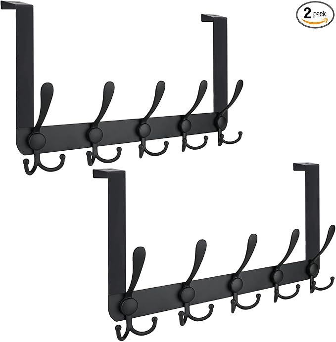 TICONN Over The Door Hooks, 5 Heavy Duty Tri Coat Rack All Metal Coat Hanger for Bathroom Bedroom Dorm (Matte Black, 2PK, Fit 1-3/4" Doors)