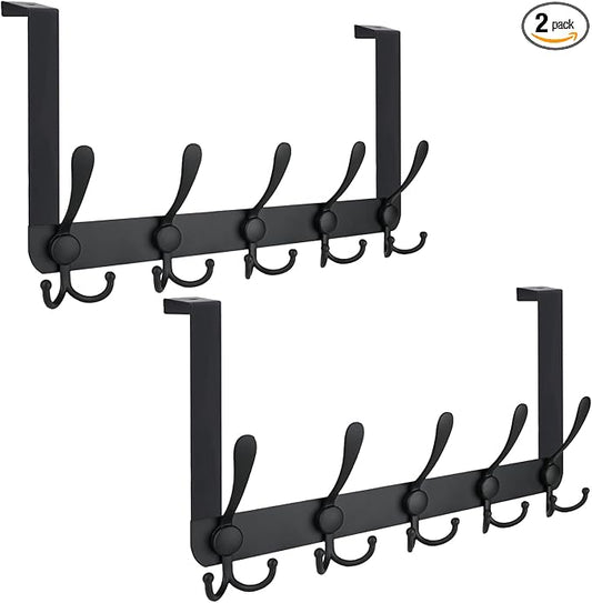 TICONN Over The Door Hooks, 5 Heavy Duty Tri Coat Rack All Metal Coat Hanger for Bathroom Bedroom Dorm (Matte Black, 2PK, Fit 1-3/4" Doors)