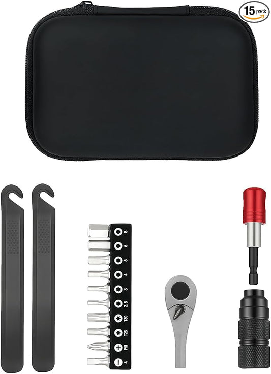 15Pcs Bike Tool Kit Portable, 1/4 Inch Small Torque Wrench Magnetic Ratchet Screwdriver Set, Bicycle Repair Kit Compact for Mountain Road Electric E Ebike