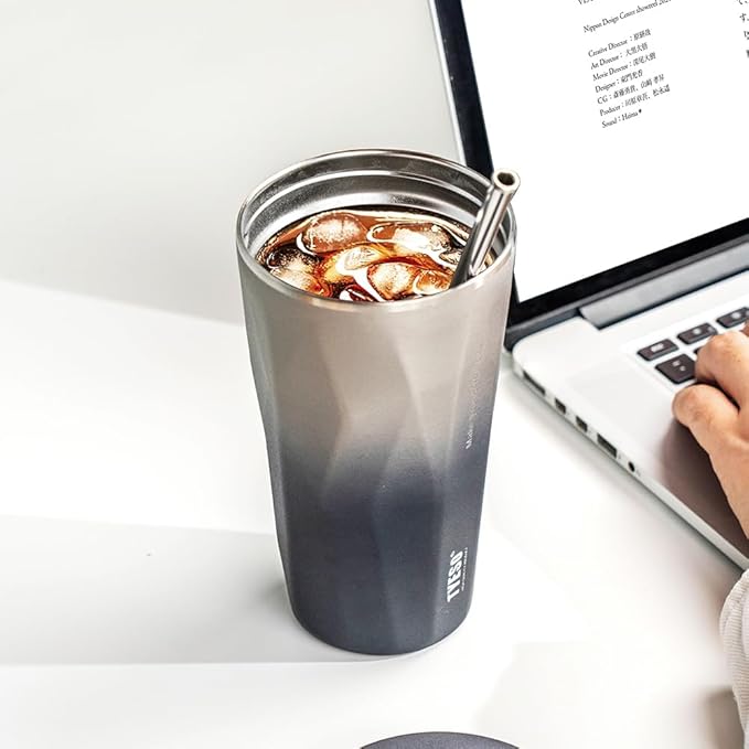 TYESO Stainless Steel Coffee Bottle, 20oz Wide Mouth Travel Coffee Cup with Straw, Vacuum Insulated Stainless Steel Tumbler, Hot & Cold Thermal Mug for Home Office Outdoor, Sliver