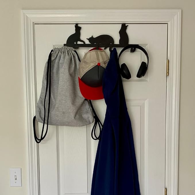 Evelots Over The Door 4 Hook Towel/Coat Rack Hanger Organizer, Kitty Cat Design-Easy No Tool Installation-Black Iron-Holds 20 lbs.
