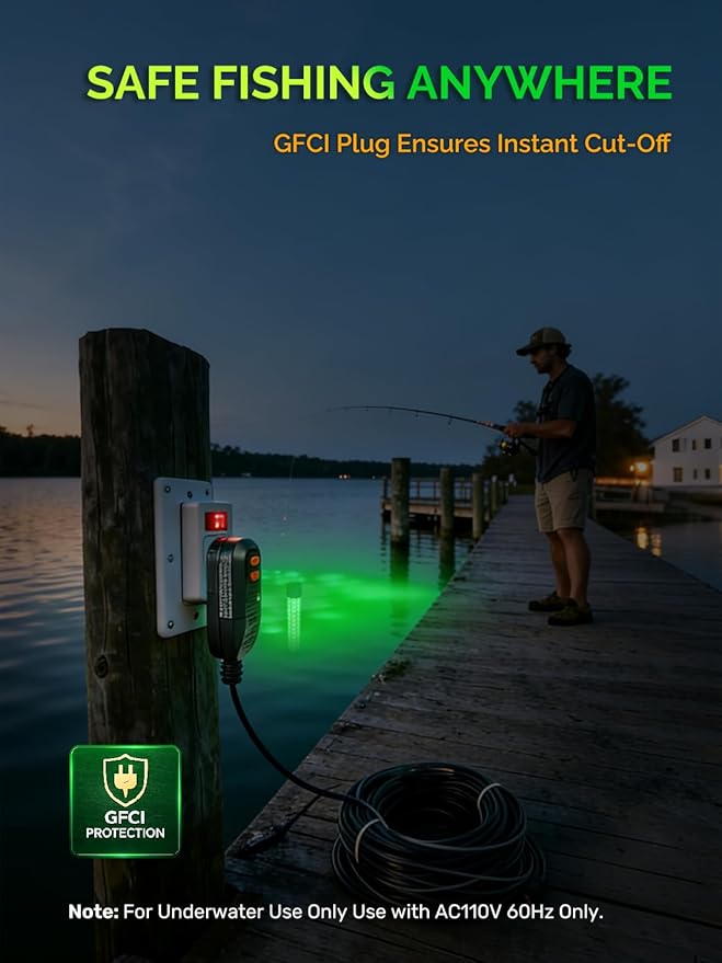 15000LM Green Underwater Fishing Light, 200W 110V Safety Plug with 100ft Cable, IP68 Submersible Light Attractants for Night Fishing, Dock, Boat or Kayak