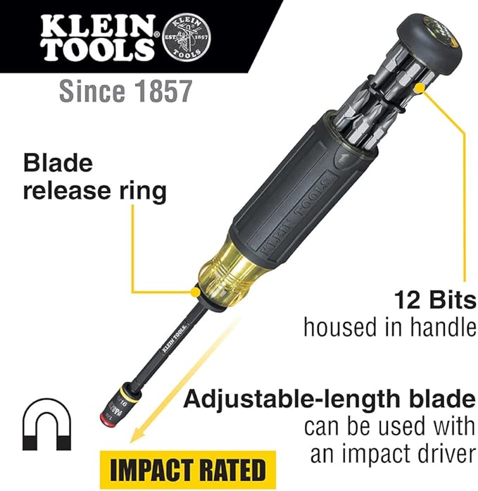 Klein Tools 32304 ドライバー 14-in-1 調節可能ドライバー フリップソケット HVACナットドライバービット付 耐衝撃性