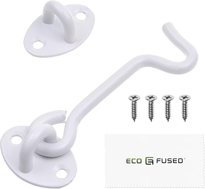 Eco-Fused 4-inch Heavy Duty Hook and Eye Latch - 1x Barn Door Lock (White), 4X Mounting Screws - Powder Coated Stainless Steel Hooks for Door, Windows, Sheds, Fences, Gates, Closets, Cabinets