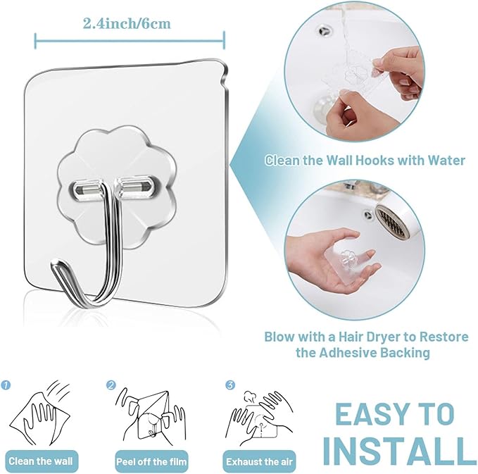 Wall Hooks - 33 lbs Max, Transparent, Seamless, Waterproof & Oilproof - Heavy Duty Adhesive Coat & Towel Hooks(20 Pack)