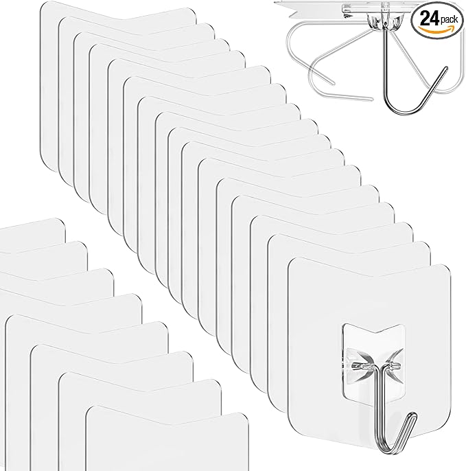 Heavy Duty Adhesive Hooks 24 Pack - Holds 15 lbs, No Drill Stick Plastic Hook Hangers for Hanging Towel Shower Bathroom, Kitchen, Cabinet - Strong Wall Hanger for Ornaments, Apartment Bedroom