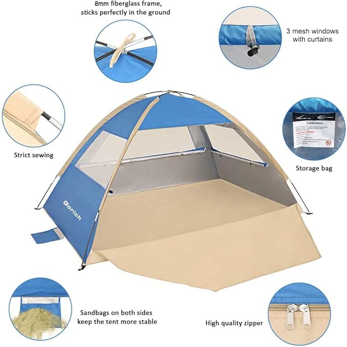 Gorich Beach Tent Sun Shelter for 3/4/6/8/10 Person with UPF 50＋ UV Protection, Lightweight & Easy Setup Beach Shade Canopy, Portable Beach Shade Tent Beach Cabana