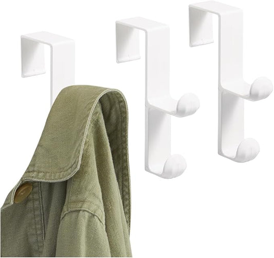 iDesign Over the Door Plastic Dual Hook Hanger for Coats, Jackets, Hats, Robes, Towels, Ideal for Bathroom, Bedroom, Mudroom, Set of 3, White