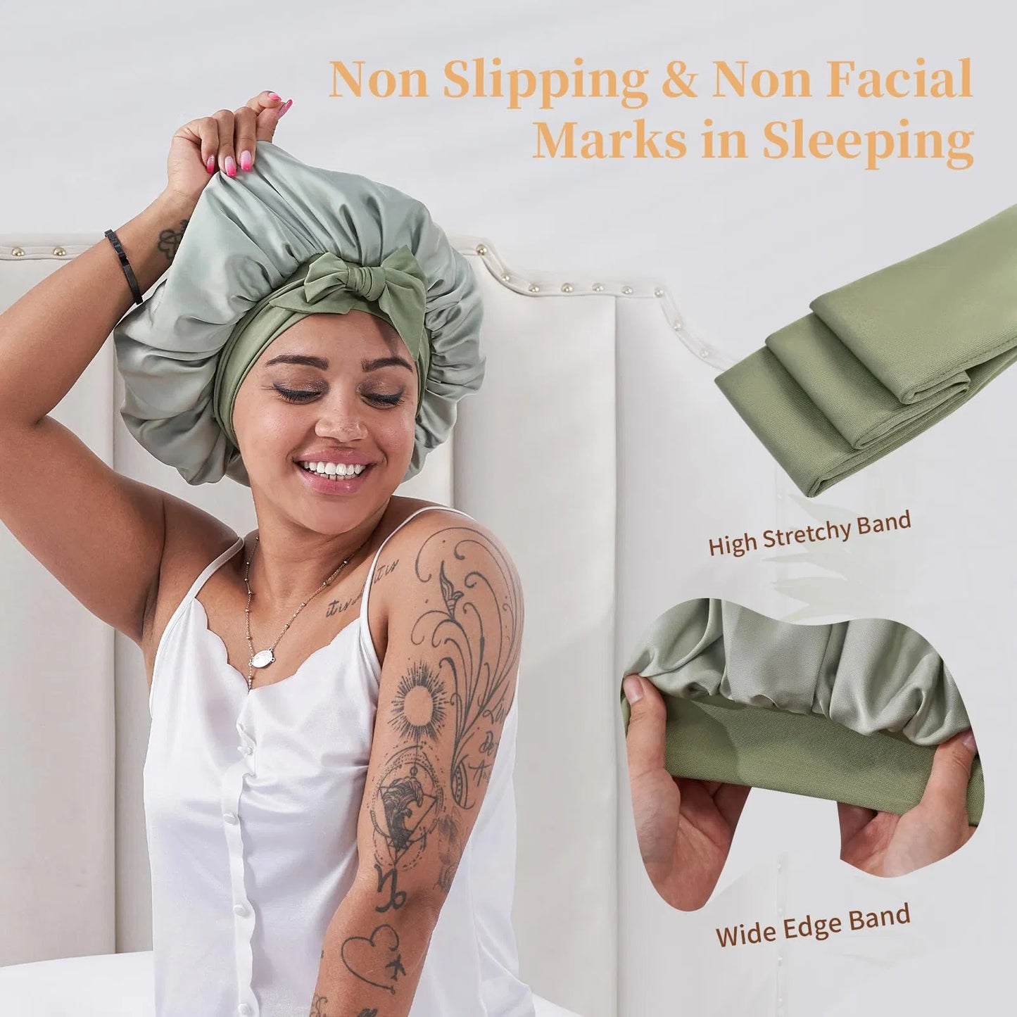 就寝用シルクボンネット（女性用）、就寝用サテン製ヘアボンネット（波状、巻き毛、天然パーマの女性・男性向け）- グリーン