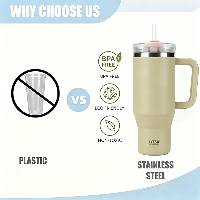 TYESO Vacuum Insulated Tumbler Water Bottle Cold Insulation Stainless Steel Bottle Straw Handle Mug Double Wall Wide Mouth (KHAKI, 40 oz)