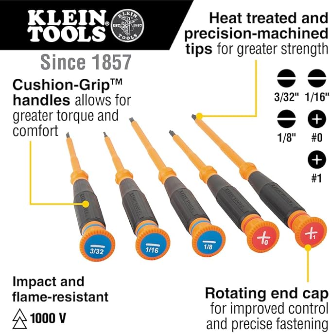 Klein Tools 6233INS Insulated Precision Screwdriver, #0 Phillips Mini Electrician Screwdriver, 1000-Volt, Cushion-Grip Handle