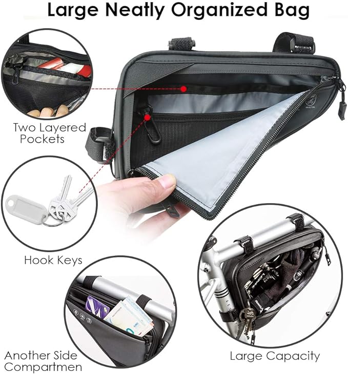 WOTOW Bike Frame Storage Bag, Water Resistant Reflective Bicycle Triangle Bag with Two Side Pockets, Strap-On Under Seat Tool Accessories Pouch for Mountain Road Bike Trip (2L)