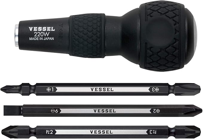VESSEL BALL GRIP 1/4" Hex. Bit Interchangeable Screwdriver (Bit 3PC. (+1, +3 / +2, -6 / PZ2, PZ3) SET. 220W3J1)
