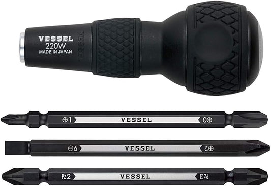 VESSEL BALL GRIP 1/4" Hex. Bit Interchangeable Screwdriver (Bit 3PC. (+1, +3 / +2, -6 / PZ2, PZ3) SET. 220W3J1)