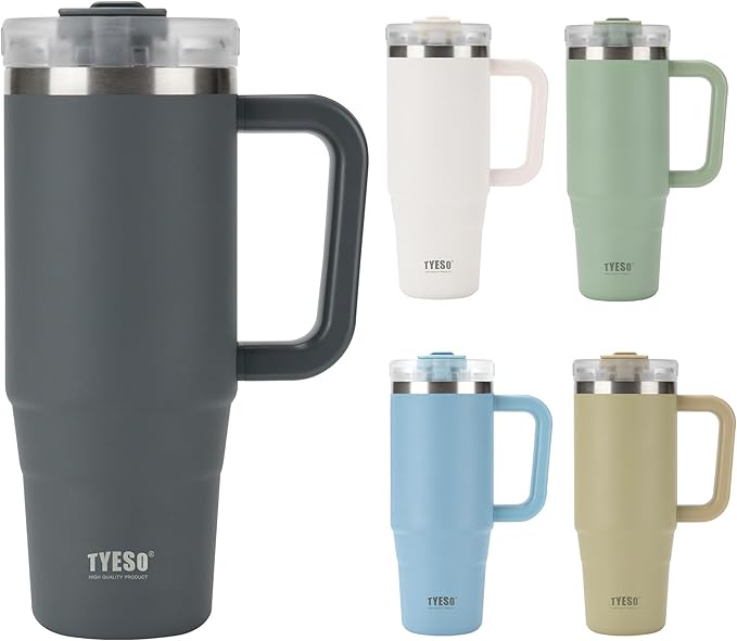 TYESO Vacuum Insulated Tumbler Water Bottle Cold Insulation Stainless Steel Bottle Straw Handle Mug Double Wall Wide Mouth (GRAY, 40 oz)