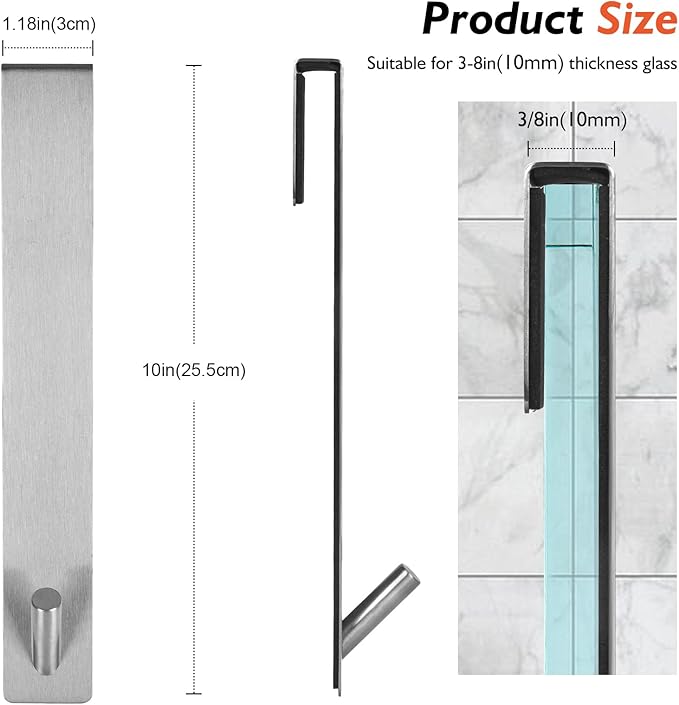 Shower Door Hooks(10 Inch),Extended Over Door Hooks for Bathroom Frameless Glass Shower Door,Stainless Steel Towel Hooks,Heavy Duty Rack Hooks for Robe,Towel-2 Pack-Silver