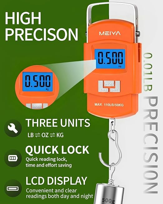 MEIYA Fish Scale 110lb/50kg Digital Fishing Scale with Backlit LCD, Portable Handle, Stainless Steel Hook & 2 AAA Batteries – Great Fishing Gifts for Men, Orange