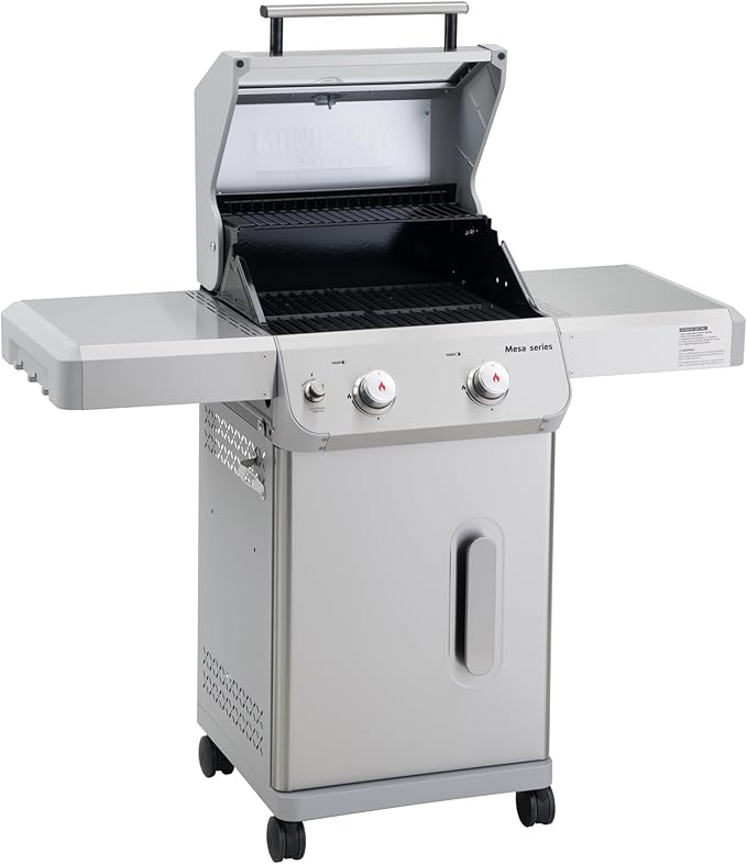 Monument Grills 2バーナー ステンレススチール製液化プロパンガスグリル、折りたたみ式サイドシェルフ2つ、Clearview®蓋、ノブコントロール、Mesa200S BBQカバー付き